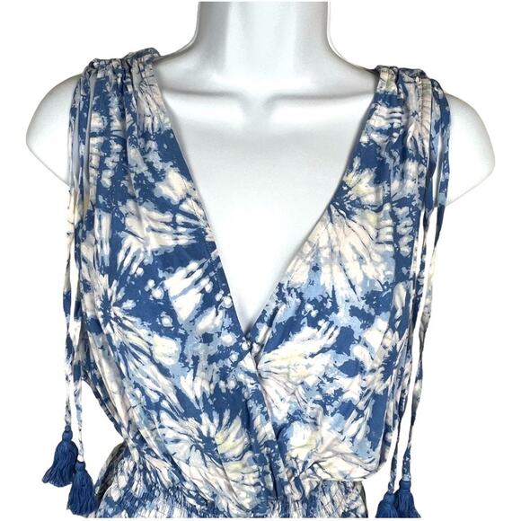 Bebop Romper Sleeveless Tassel Tie Detail Surplice Blue White Print NEW Womens M - Picture 13 of 13
